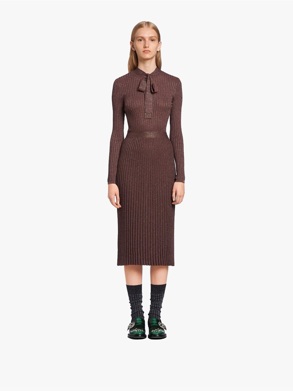 Prada Burgundy Metallic Ribbed Knit Bow Midi Dress - SIZE Medium